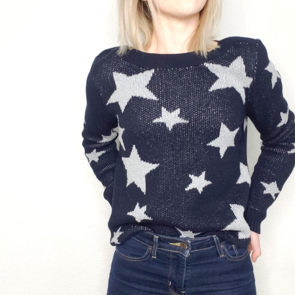 Marled Sweaters - Marled Navy Blue Star Print Boat Neck Knit Sweater